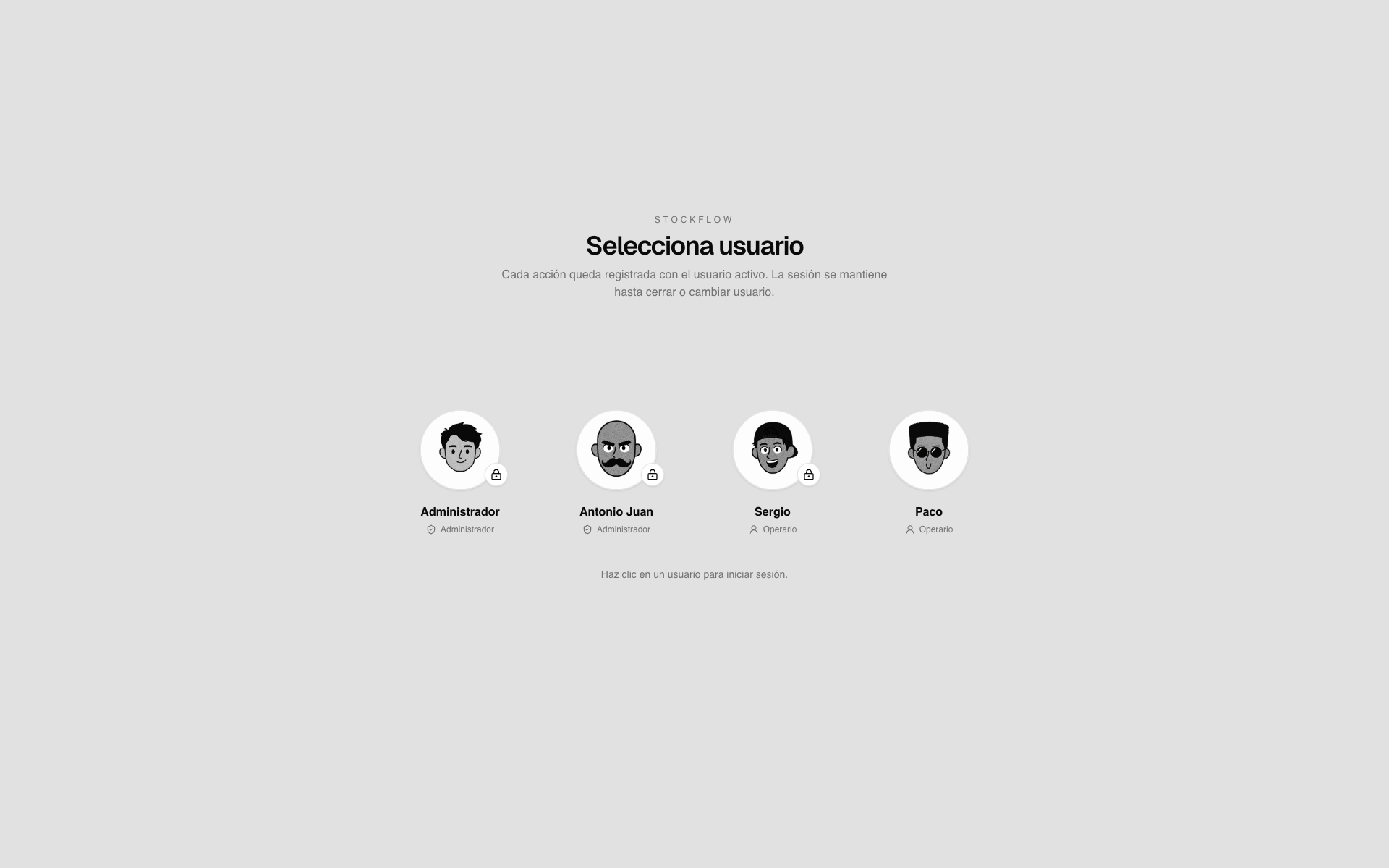 Captura real del selector de usuarios de StockFlow